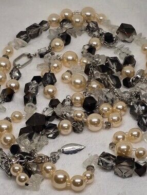 Coldwater Creek Faux Pearl Smoky Faceted Crystals 32" Silver Statement Necklace